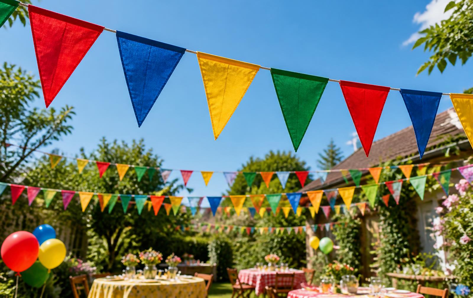 Colourful triangular bunting strung across a sunny garden party